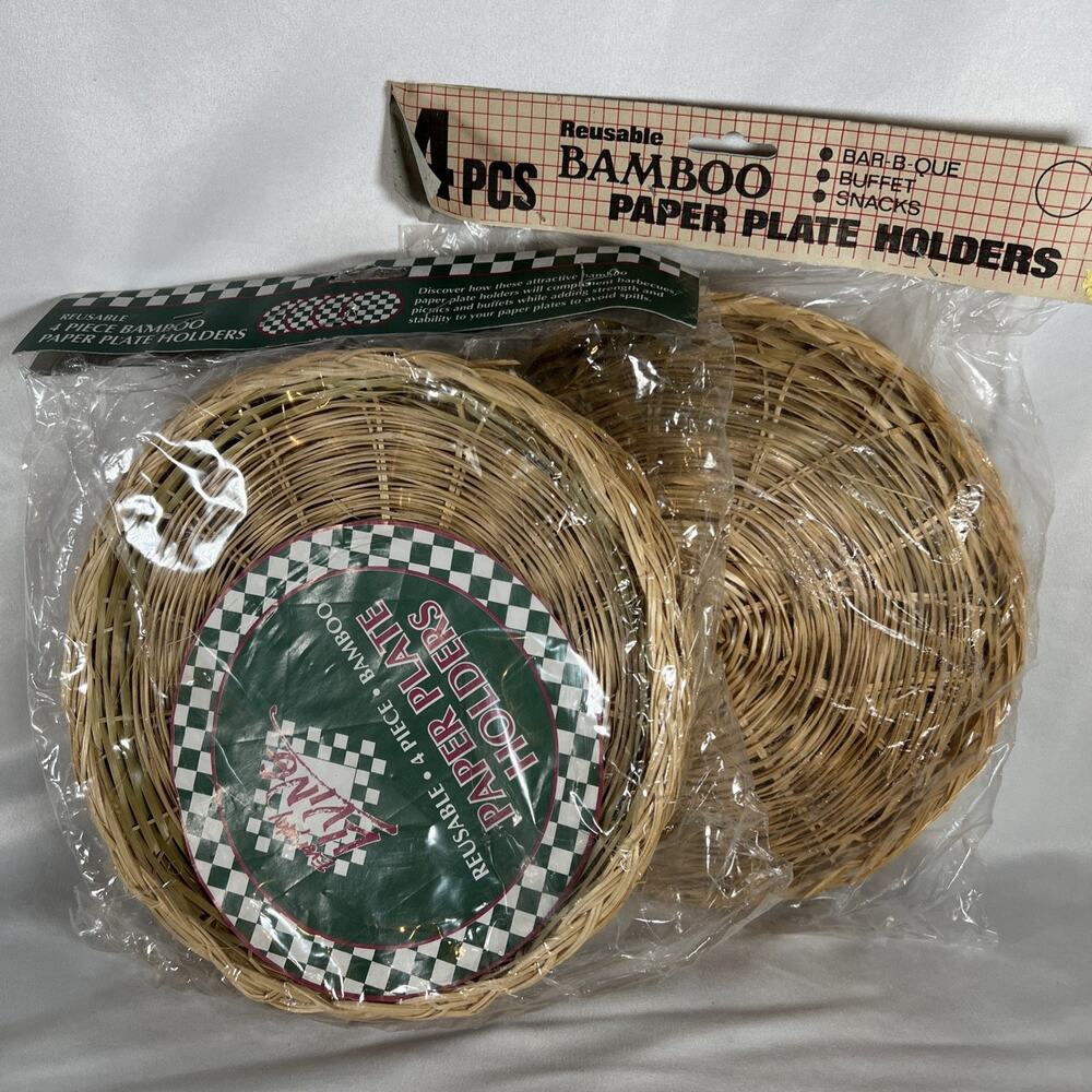 Vintage Bamboo Wicker Rattan Hand Woven Paper Plate Holders Set of 8 New